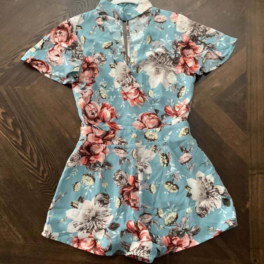 New Blue Pink Floral Romper, Open Back, Wrap Front, Choker Collar, Zipper.